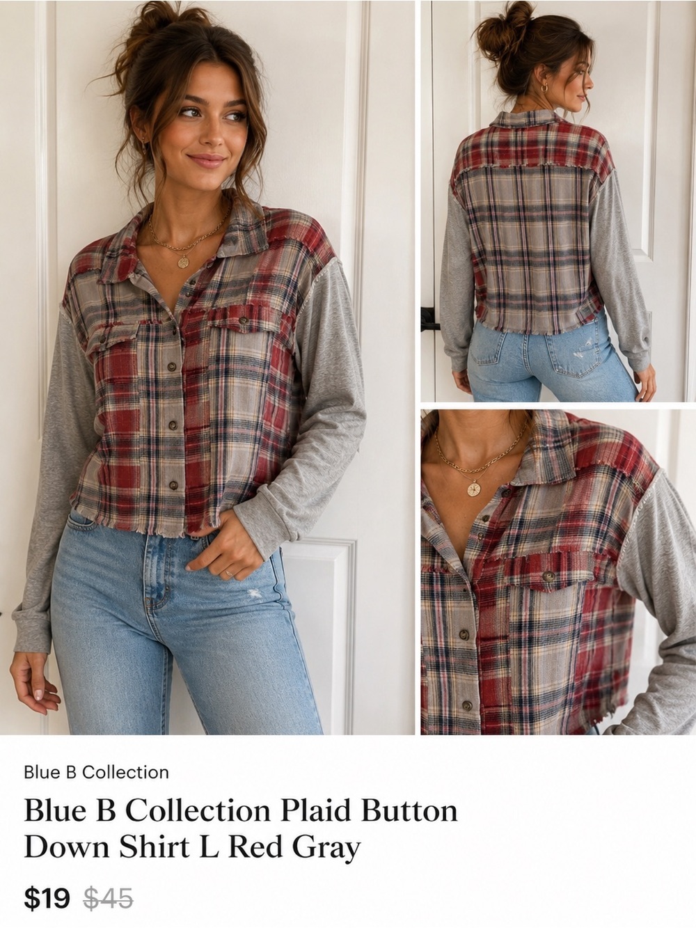 Blue B Collection Plaid Button Down Shirt L Red Gray